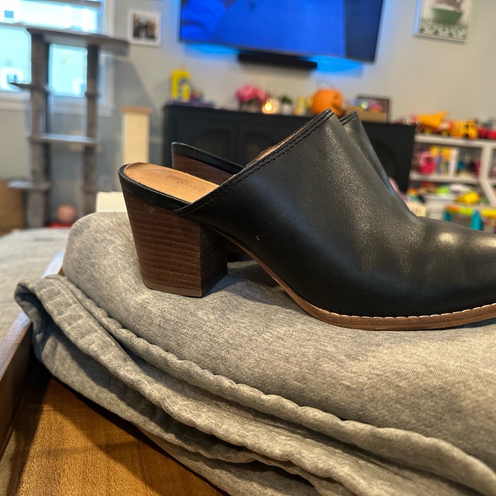 Madewell Black Leather Mules with Wooden Heel